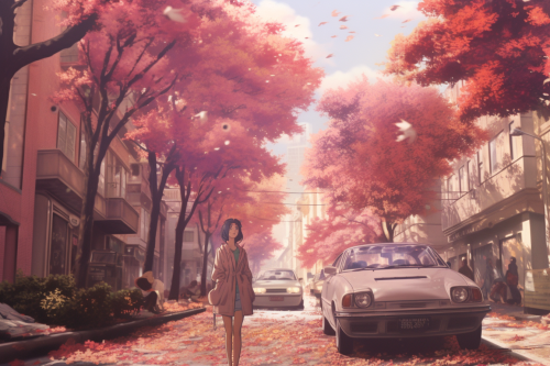 Colorful leaves floating in 80s fall street scene