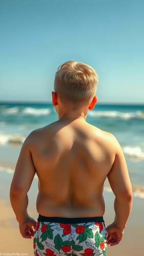 A 13-year-old boy models swimwear at beach. A 13-year-old boy models swimwear at beach.