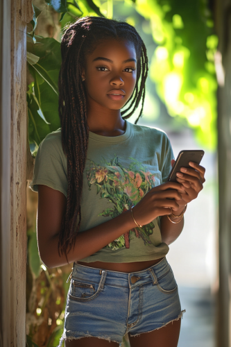 A 16-year-old girl with braids holds phone
