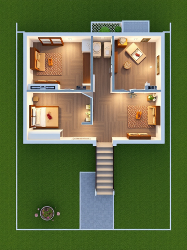 A 2D Plan for 2BHK House with Staircase