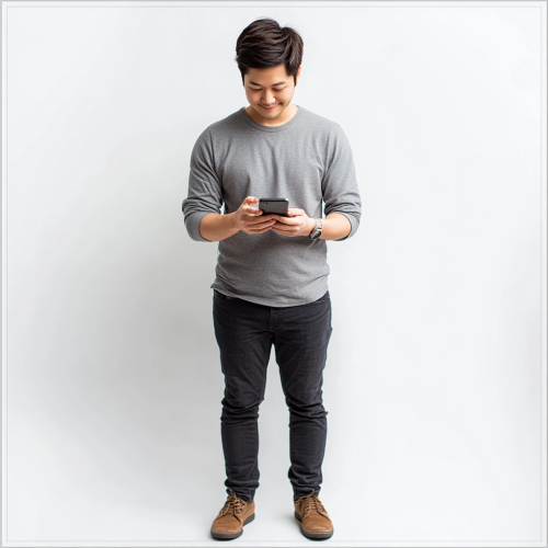 A 30-year-old Asian man smiling at phone