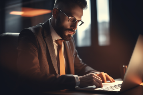A 35-year-old businessman in an office working