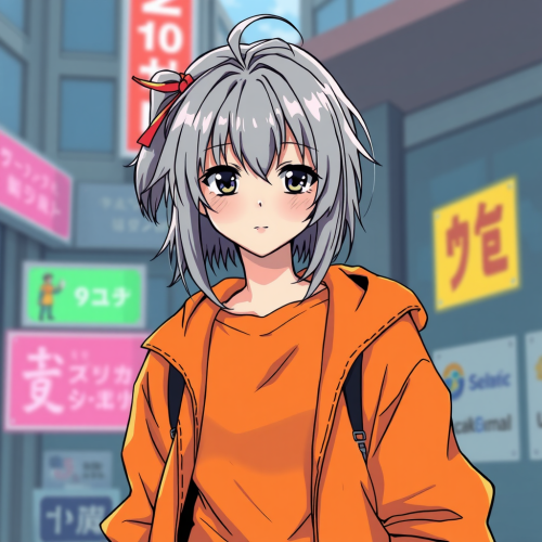 A 90s Girl with Grey Hair and Retro Anime Look