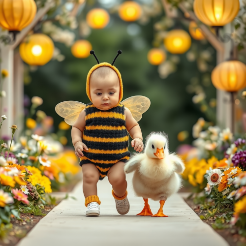 A Baby Bee and Duckling on Garden Runway