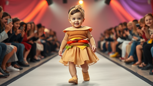 A Baby Modeling Hamburger-Inspired Outfit on Runway
