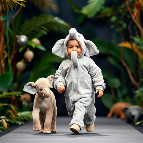 A Baby and Calf on Jungle-Themed Runway