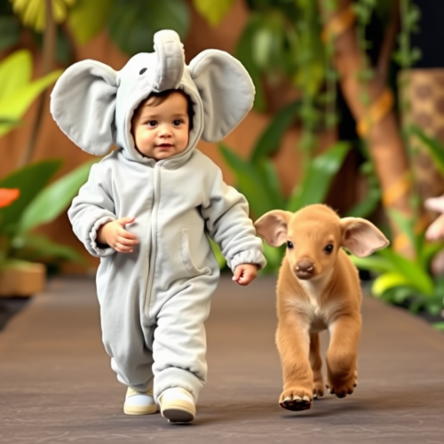 A Baby and Elephant Calf on Jungle Runway