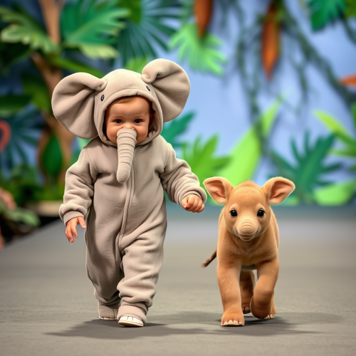 A Baby in Elephant Costume with Calf on Runway