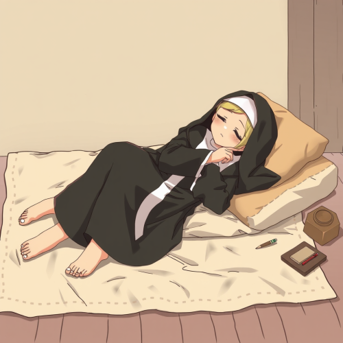A Barefooted Anime Nun Sleeping