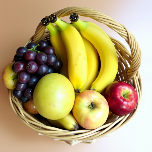 A Basket Filled with Bananas, Grapes, and Apples