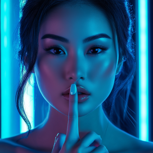 Asian Woman with finger on her lips in a neon room