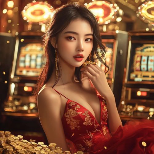 A Beautiful Asian Woman with Slot Machines and Gold