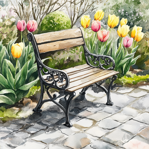 A Beautiful Bench in a Spring Garden Illustration. A Beautiful Bench in a Spring Garden Illustration.