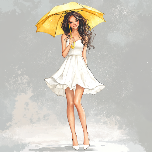 A Beautiful Girl Standing in Spring Rain.