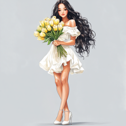A Beautiful Girl with Tulips in Hand
