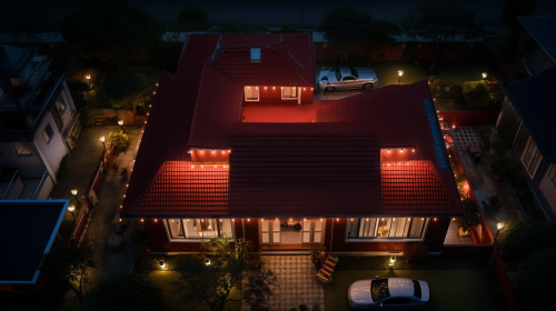 A Beautiful Home Shines Red Roof At Night