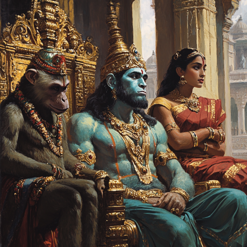 A Beautiful Palace with Kings, Lady, and Hanuman.