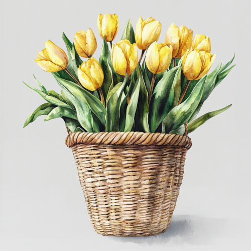 A Beautiful Rattan Basket with Bright Yellow Tulips