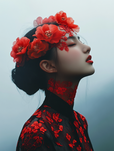 A Beautiful Woman with Red Floral Patterns