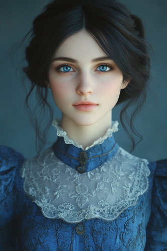 A Beautiful Young Woman in Blue Victorian Dress