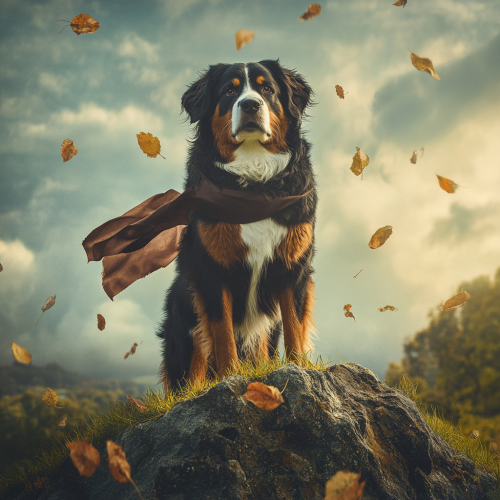 A Bernese Dog Posing Heroically on Mountain Top