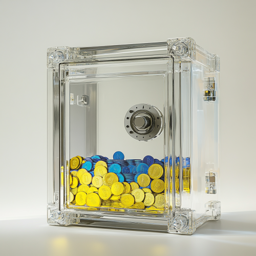 A Big Empty Safe with Blue and Yellow Coins.