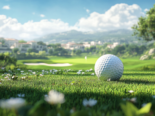 A Big Golf Ball on a Tee with Scenic Golf Course Background