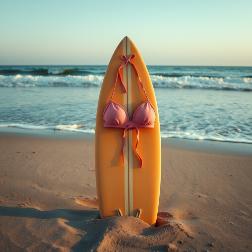 A Bikini Top on Surfboard at Beach A Bikini Top on Surfboard at Beach