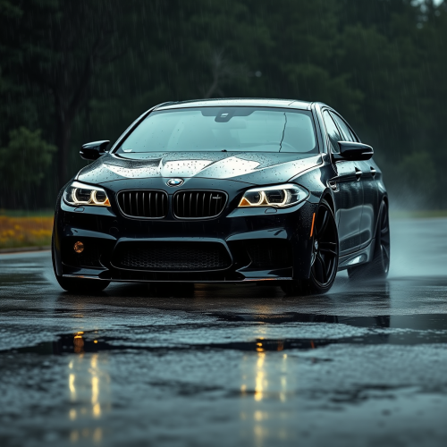 A Black BMW M5 Revving in the Rain