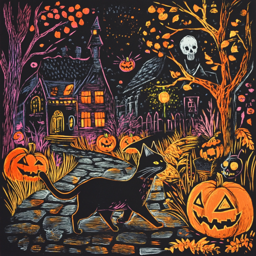 A Black Cat in Witch's Hat on Halloween Street