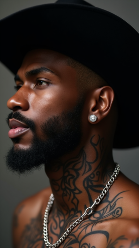 A Black Cowboy with Intricate Neck Tattoos