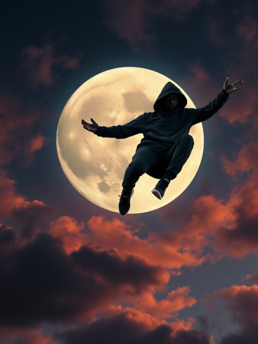 A Black Figure Floating in a Cosmic Sky