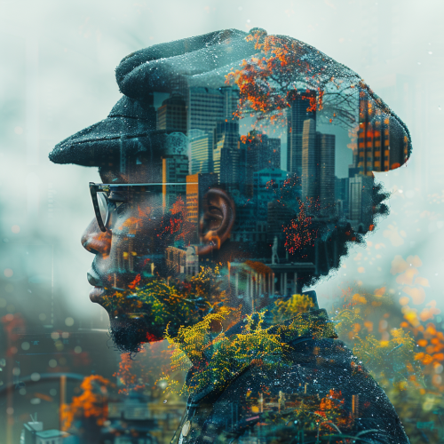 Double Exposure Image of Black Male Graduate in University Campus