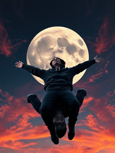 A Black Man Floating from Moon in Colourful Sky