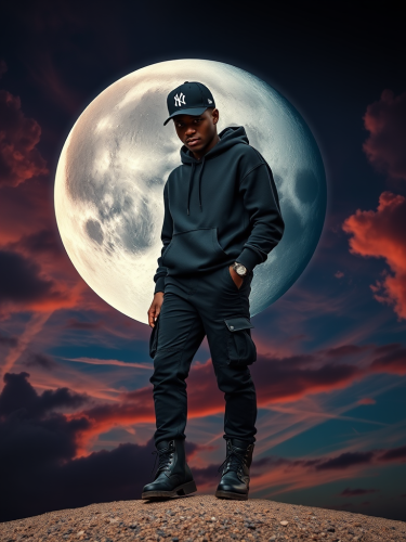 A Black Man Posing under Colorful Moonlit Sky