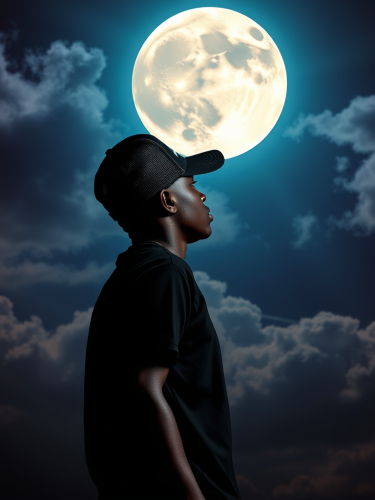 A Black Man in Cosmic Moonlit Sky