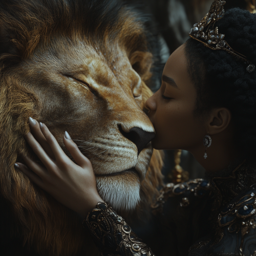 A Black Queen petting her Pet Lion in 8k. A Black Queen petting her Pet Lion in 8k.
