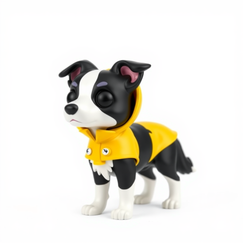 A Black-White Border Collie Pop Character in Yellow Raincoat