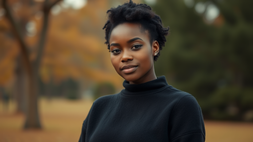A Black Woman Modelling a Black Sweater Outdoors