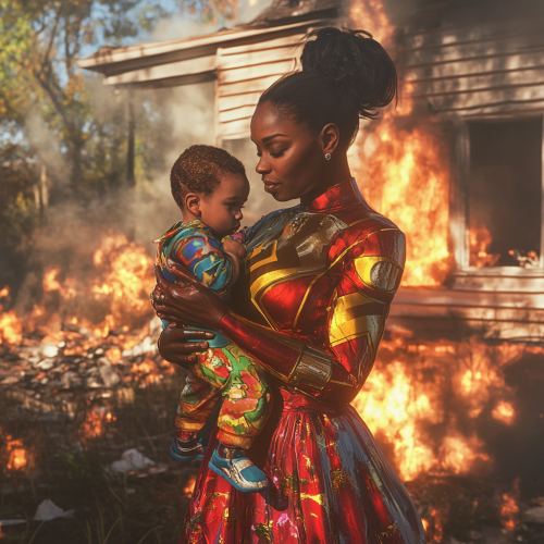 A Black Woman Superhero Saving Toddler from Fire.