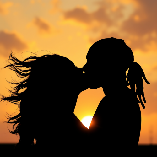 A Black couple kissing on stunning beach sunset.