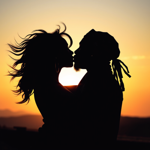 A Black couple kissing on sunset beach silhouette.