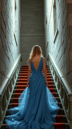 A Blonde Bride in Blue Dress on Castle Stairs