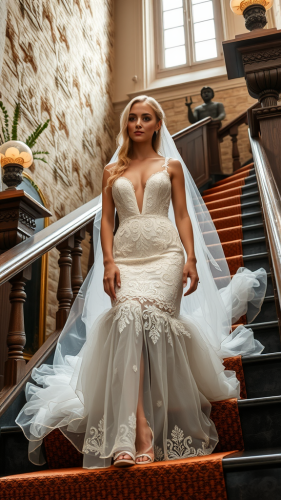 A Blonde Bride in Elegant Dress on Castle Steps