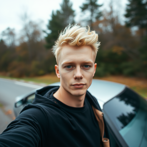 A Blonde Guy Next to a Blurry Car Selfie