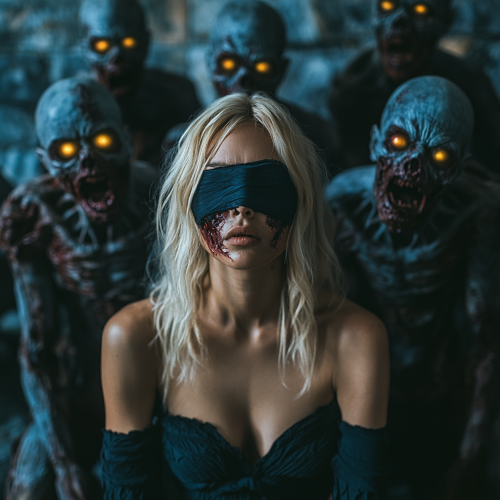 A Blonde Woman Surrounded by Zombies at Night.