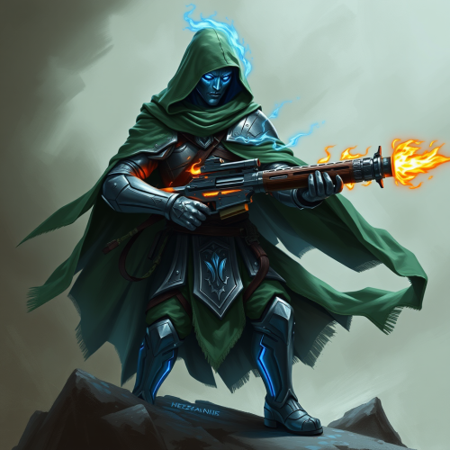 A Blue Flame Genasi Gunslinger in Silver Armor