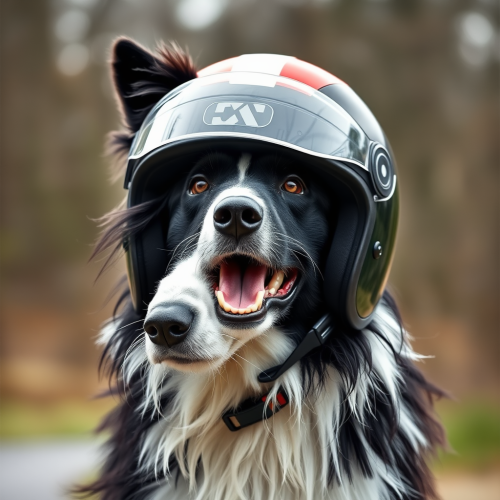 A Border Collie Wearing a Motorbike Helmet