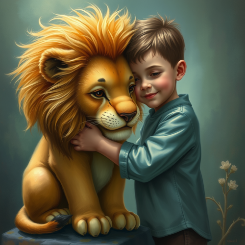 A Boy Embracing a Baby Lion in Fantasy Art