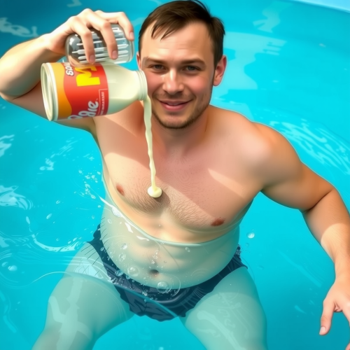 A Boy Enlarges Belly by Drinking Milkshake in Pool